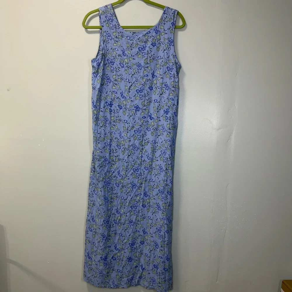 Vintage Nomadic Traders Blue Floral Rayon Maxi Dress Sleeveless Womens Medium